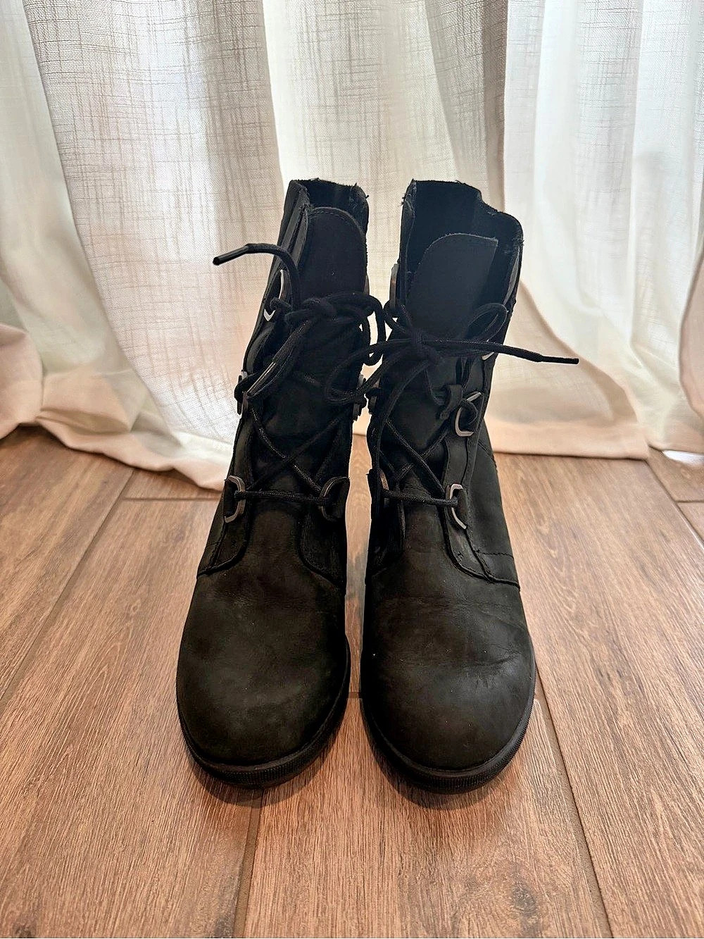 SOREL Joan of Arc Black Waterproof Leather Lace-Up Wedge Ankle Boots